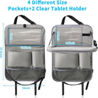 Car Backseat Organizer with Tablet Holder, 6 Storage Pockets Foldable Table Food Tray Seat Back Protectors Kick Mats Travel Accessories, 2 Pack Grey