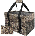Extra Large Utility Tote Bag - Oversized Collapsible Tote with Wire Frame, Durable Reusable for Beach, Groceries, Laundry, Car Trunk, Storage and Travel - Includes 5x7 Bag with Hook - Leopard