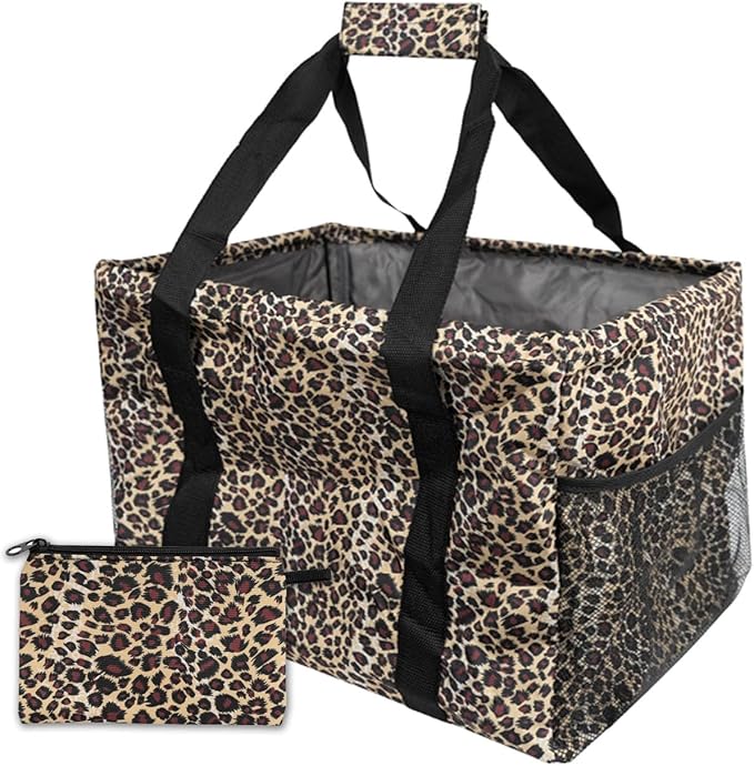 Extra Large Utility Tote Bag - Oversized Collapsible Tote with Wire Frame, Durable Reusable for Beach, Groceries, Laundry, Car Trunk, Storage and Travel - Includes 5x7 Bag with Hook - Leopard