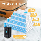 UPGOGO Combo 12 Pack Travel Vacuum Bags with Portable Electric Pump, Space Saver Vacuum Storage Bags for Clothing and Luggage