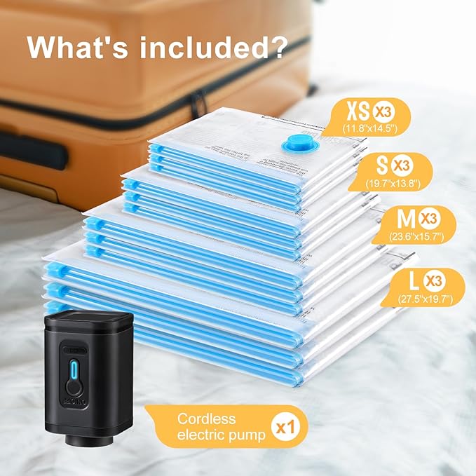 UPGOGO Combo 12 Pack Travel Vacuum Bags with Portable Electric Pump, Space Saver Vacuum Storage Bags for Clothing and Luggage