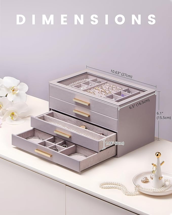 Lolalet Jewelry Box Organizer, 4-Layer Jewelry Organizers and Storage Case with Glass Lid, Ring Earring Bracelet Necklace Hol