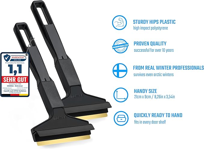 Car Ice Scraper Brass Blade - Fast, Easy & efficient - [ 2 Pack ] Brass Ice Scraper for Car - Ice Scrapers for Car Windshield Ice Scraper - Original Murska from Europe - for Winter - A053-2 Black