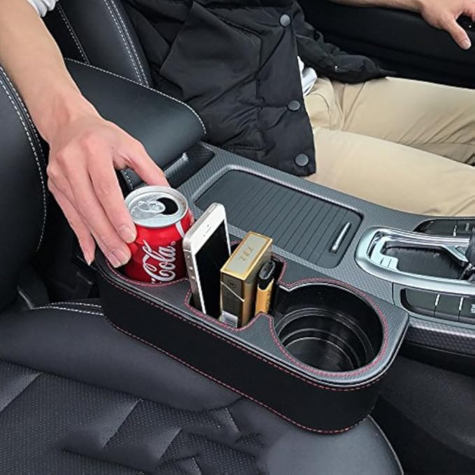IOKONE Car Cup Holder, Auto Cup Drink Holders，Multifunctional Auto Front Seat Organizer with PU Leather Cover, Gap Filler Storage Box Coin Bucket Console Side Pocket Cell Mobile Phone Holder (Black)