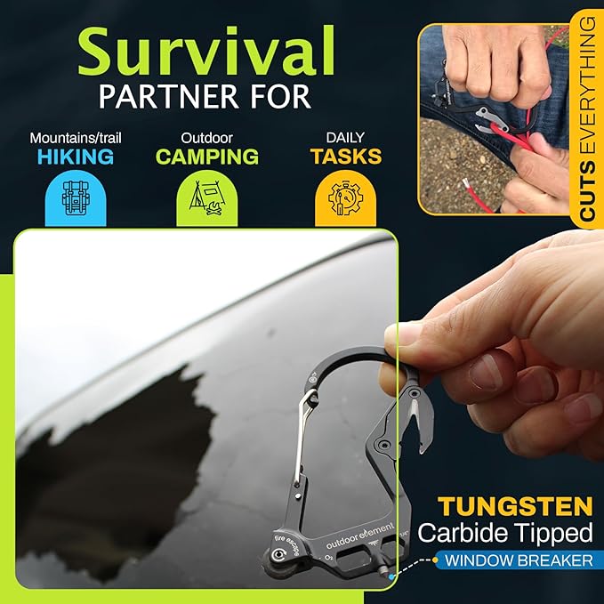 OUTDOOR ELEMENT Fire Escape, Emergency Escape Tool, Seatbelt Cutter, Window Breaker, Multi Tool, Fire Starter, Carabiner, and