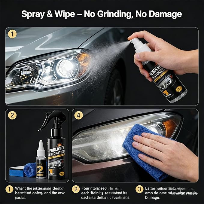 Headlight Restoration Kit, Car Headlight Cleaner, No Power Tools Needed Spray & Wipe, Restores Clarity & Shine, Long-Lasting 