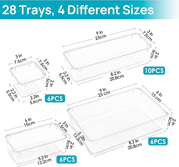 Vtopmart 28 PCS Clear Plastic Drawer Organizers Set, 4-Size Bathroom and Vanity Drawer Organizer Trays, Acrylic Storage Bins 