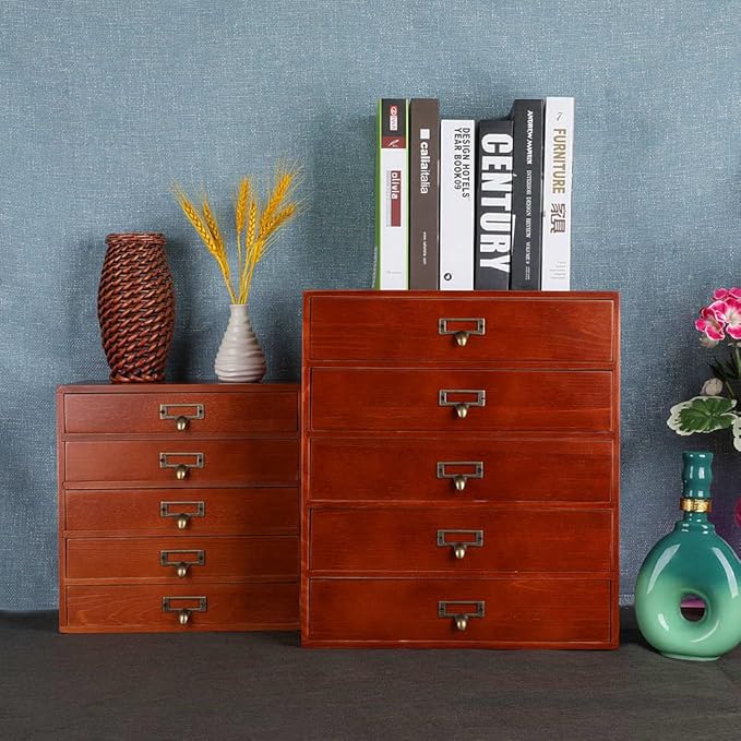 Desktop Drawer Organizer - Wooden Card Catalog Cabinet with Small Drawers - Vintage Rustic Desk Organizer (S-BROWN)