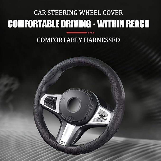 Car Leather Steering Wheel Covers Ultra-Thin Breathable Non-Slip Steering Wheel Protector,Universal Fit 14.5 inch -15 inch Wheel,Black