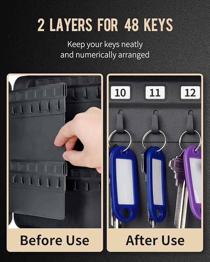 Uniclife 48-Key Steel Key Cabinet with 2 Unlocking Keys Wall Mounted Key Organizer Black Frosted Security Box with Hooks and 
