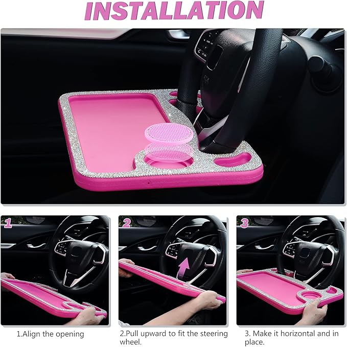 eing Bling Auto Steering Wheel Desk, Laptop,Tablet, Notebook Car Travel Table, Food Eating Hook On Steering Wheel Tray, for Constant Travelers, Fits Most Vehicles Steering Wheels, White+Rose Red