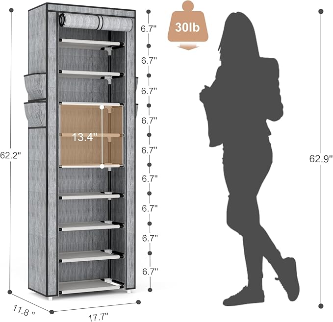 VILICK Shoe Rack with Cover Narrow Shoe Rack Organizer with 4 Side Pockets 10 Tier Tall Shoe Storage Shoe Shelf Holds 18-22 P