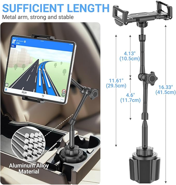 Car Tablet Holder for Cup Holder, Metal Long Arm 360° Rotation Tablet Mount for Truck Golf Treadmill, Fit Thickness Case (Deep Max 1.18'') for iPad Pro/Air/Mini, Galaxy Tab & 6.1-15.6" Devices