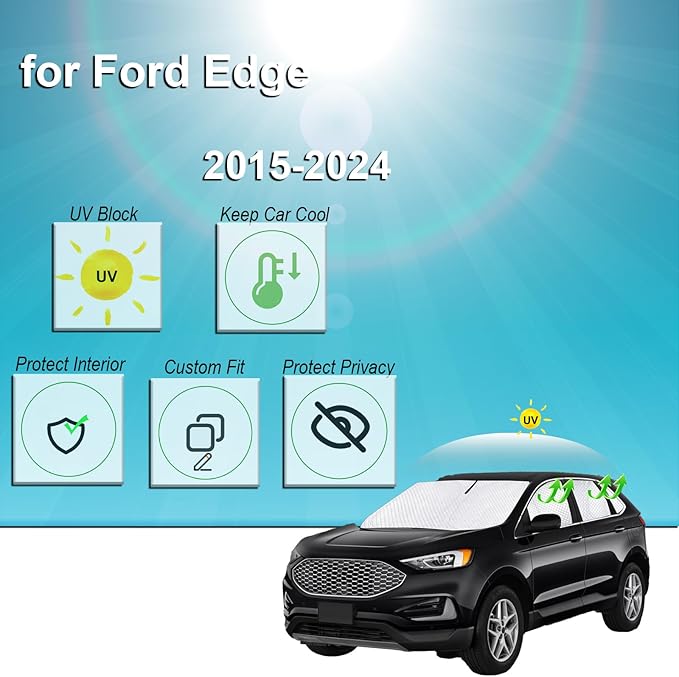KMF 8pcs Thicken Full Window Sun Shade for Ford Edge Accessories 2015-2024, Custom Fit Privacy Car Window Covers Sunshade for Windshield Side, UV Block and Blackout for Camping Outdoor