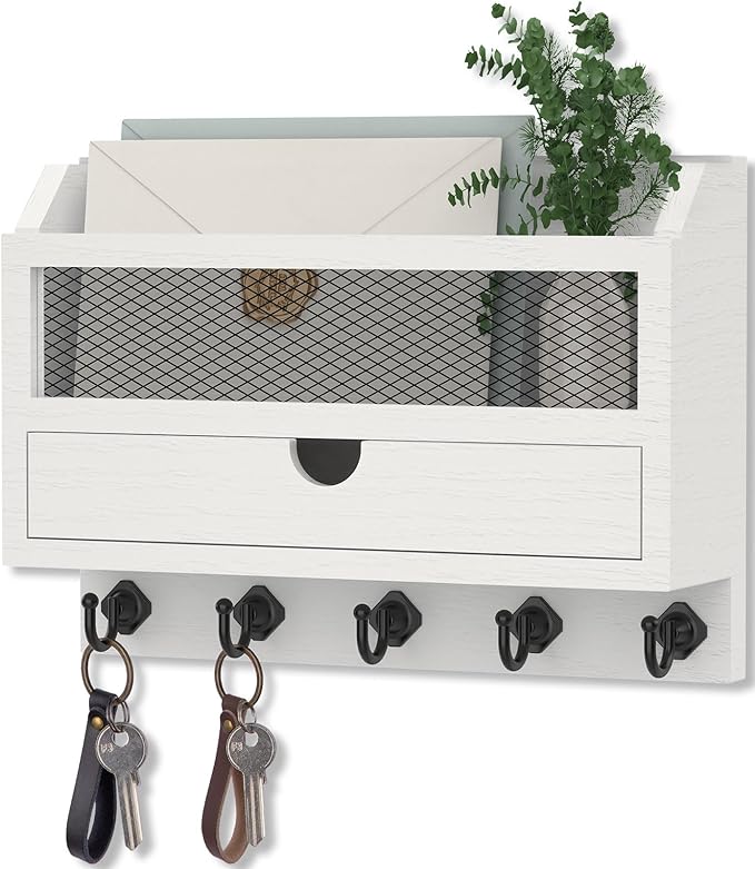 Nekon Key and Mail Holder for Wall, Key Organizer with 5 Hooks & Storage Drawer, 11" W x 7.9" H x 3.1" D Wooden Key Rack for 