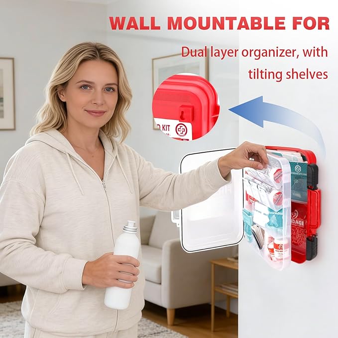 400 Piece First Aid Kit - Organized Dual-Layer Wall-Mountable Hard Case Medical Kit for Home, Car, Camping, Travel, Hiking, T