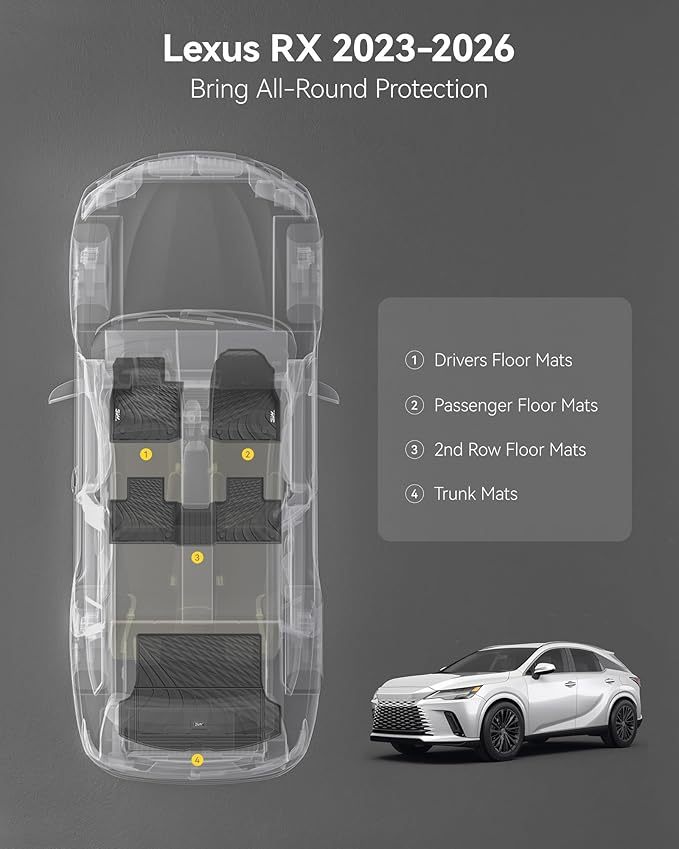 3W Floor Mats & Cargo Liner for Lexus RX/RX350/RX 350h/RX500h 2023-2025 2026 (Not fit Lexus RX450h+ PHEV), TPE All Weather Custom Fit Floor Liner & Trunk Mats 1st &2nd Rows Car Mats & Cargo Mat, Black