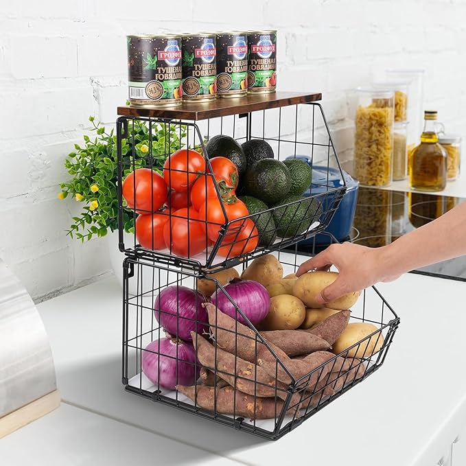 Wawocs 2 Tier Stackable Wall Mounted Hanging Basket, Fruit Basket for Kitchen Counter, Storage Bin with Wood Lid, Onion Stora