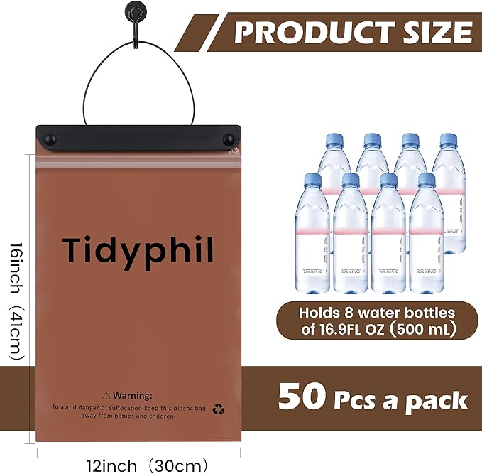 50 PCS Disposable Car Trash Bags Hanging, Leak-proof, Odor Seal. 2 Gallon Car Garbage Bags, Big Capacity. Independent of Car Trash Can, Easy Stick-On Car trash Bin for Car, SUV, Truck, Stroller. Brown