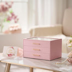 pickpiff Jewelry Box Organizer Case for Women: 3-Layer Jewelry Storage Case with Glass Window, Pink Leather with Velvet Holde