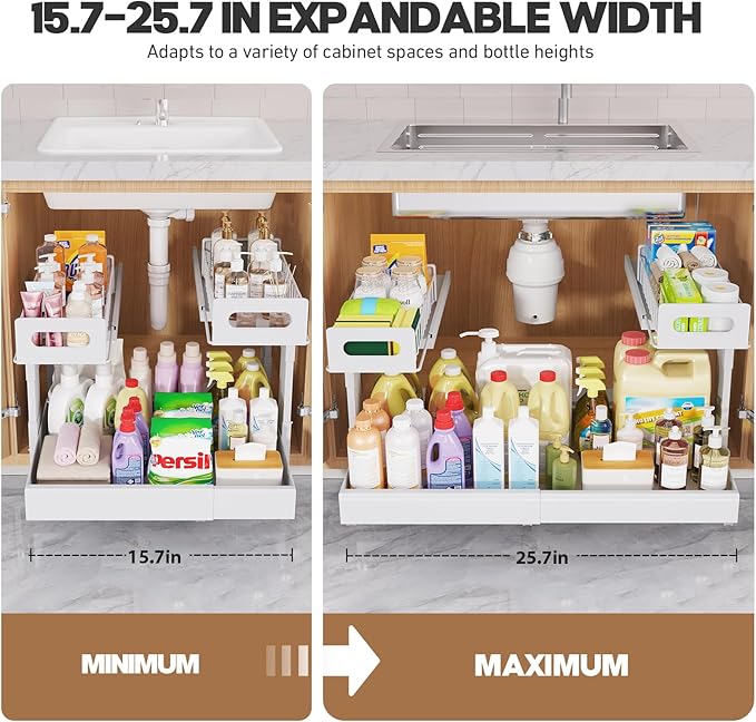 1 Pack-16"-26"W Expandable Under Sink Organizer With Upgrade Ball-Bearing Slide,2-Tier Pull Out Under Cabinet Organizer Heigh