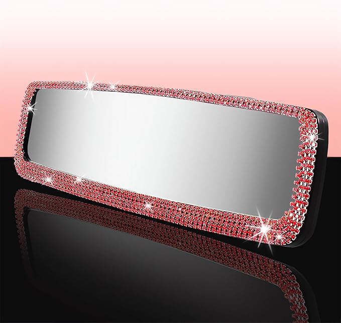 Bling Rhinestone Car Rear View Mirror - Crystal Diamond Decor for Women - Stylish Automotive Interior Accessory (Red)