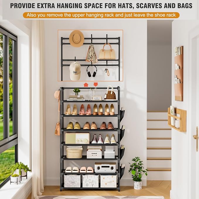 Shoe Rack 7 Tier Shoe Organizer Storage 21-28 Pairs Closet Shoes Rack for Front Door Entrance Shoe Rack Organizer with Hooks 