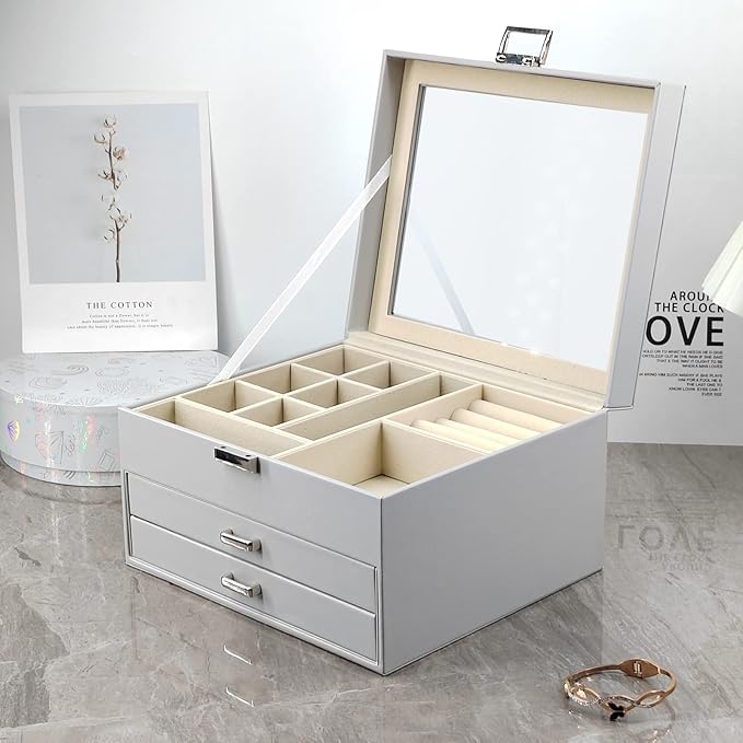 BOOVO Clear Lid Jewelry Box,3 Layers Jewelry Organizer Large Multi-Functional Jewelry Storage Box with 2 Drawers,Jewelry Disp