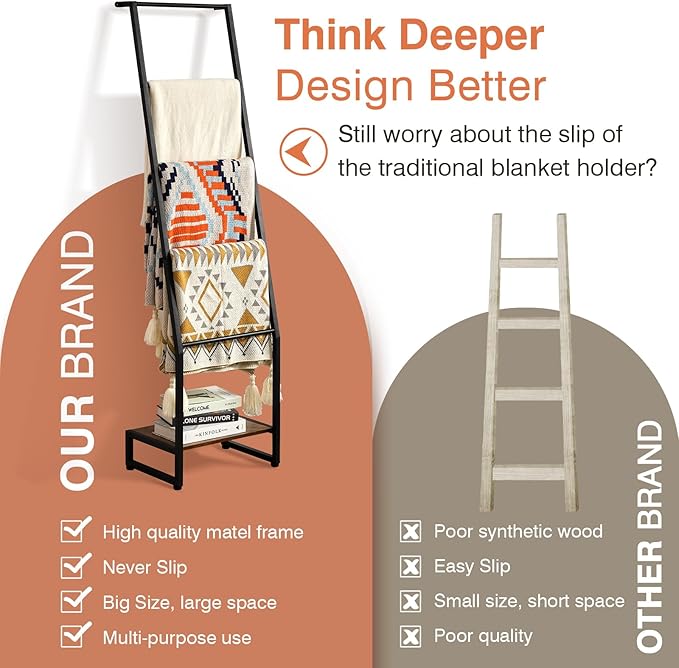 DGWJSU Blanket Ladder, 5 Tier Ladder Shelf,Wooden Blanket Ladders for Living Room and Bedroom, 5.2ft Blanket Holder Rack Farm