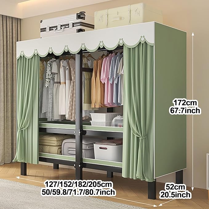 Portable Foldable Wardrobe Closet with Cover, Metal Clothing Rack with Hanging Rods, Space-Saving Storage Organizer for Bedro