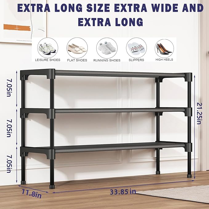 SAN HE Long Shoe Rack-Shoe Organizer 3 Tier Shoe Rack for Closet Front Door Entryway Garage, Stackable Free Standing and Free