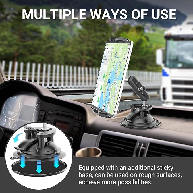 Truck Vacuum Suction Cup Windshield Tablet Mount, Dashboard Heavy Duty 360° Rotation Tablet Holder for Car Tractor, Fit for iPad Pro 12.9 Air Mini, Galaxy Tab and 6.1-15.6" Device with Case