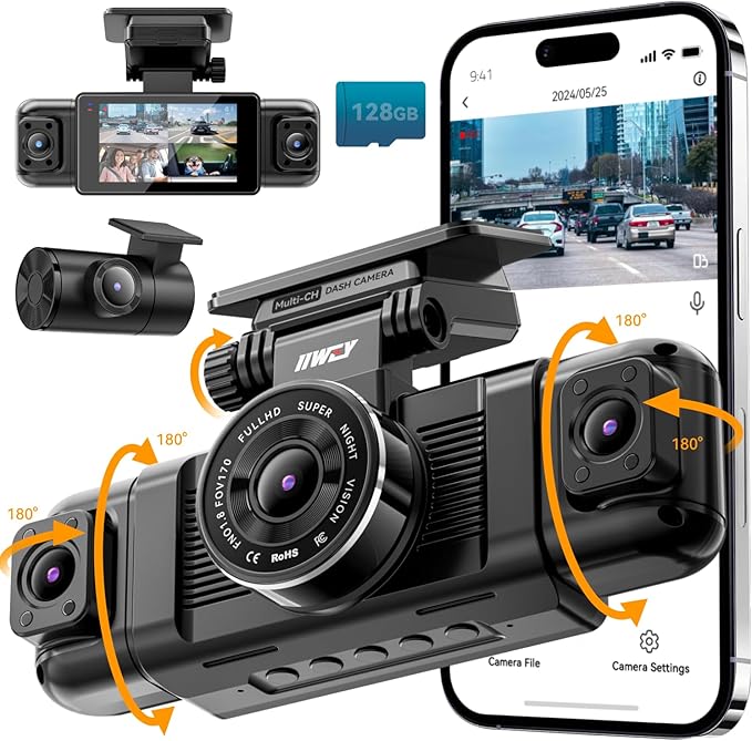 IIWEY N5 4 Channel Dash Cam 360° View, 1080P Front and Rear Inside, Left Right Dash Camera for Cars, 8 IR Lamps Night Vision,