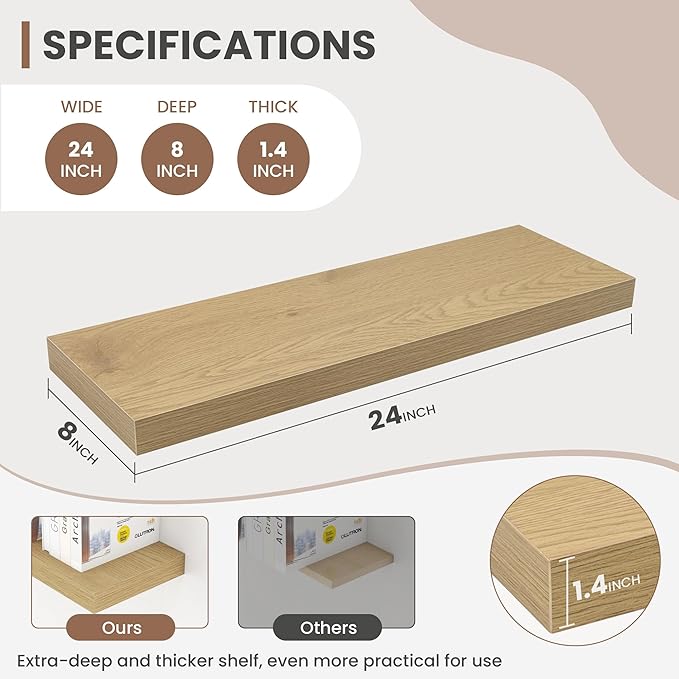 24 Inch Floating Shelves, 8 Inch Deep Floating Shelves for Wall, Hanging Shelf with Invisible Brackets, Deep Shelves for Bath
