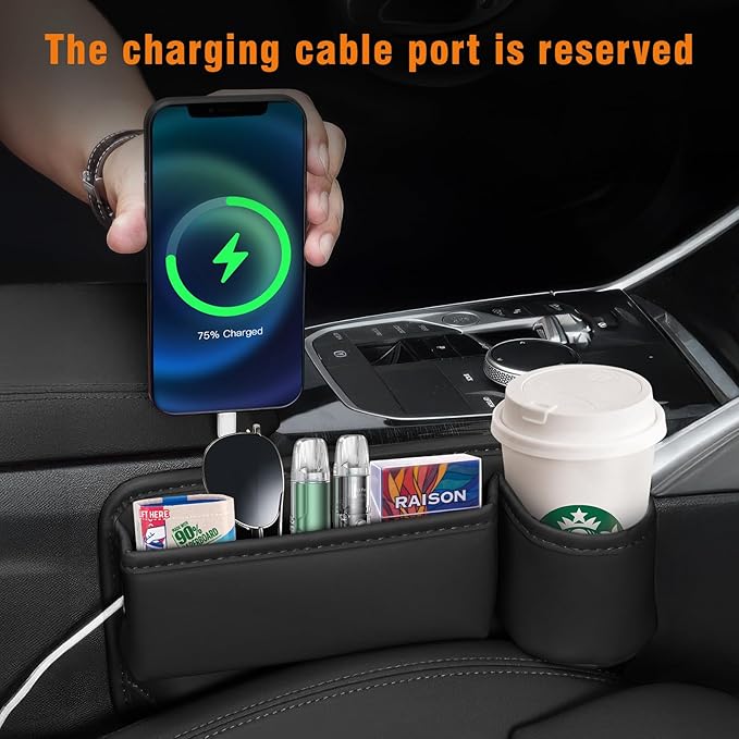 2 Pack Leather Car seat Gap Filler Organizers for Front Seat,Seat Gap Storage with Cup Holder and Storage Box for Phones,Keys,Glasses etc.Suitable for various car models (with cup holder)