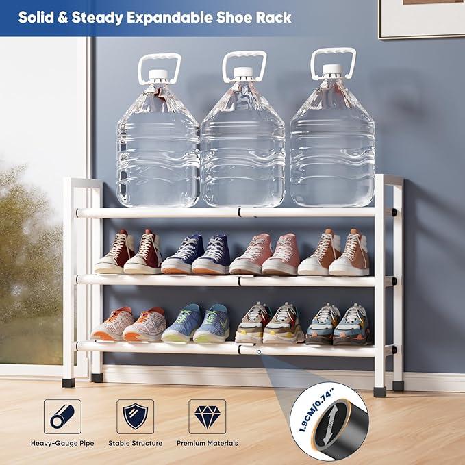 Abiglifty 3-Tier Expandable Shoe Rack,17"-33" Adjustable Shoe Rack for Closet,Metal Shoes Shelves for Front Door Entrance, Ga