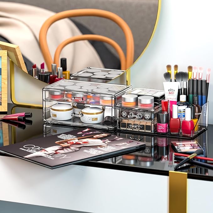 SUOXING Clear Acrylic Makeup Organizer for Vanity,Bathroom,Dresser,4 Drawer Make up Organizers for Counter,Plastic Countertop