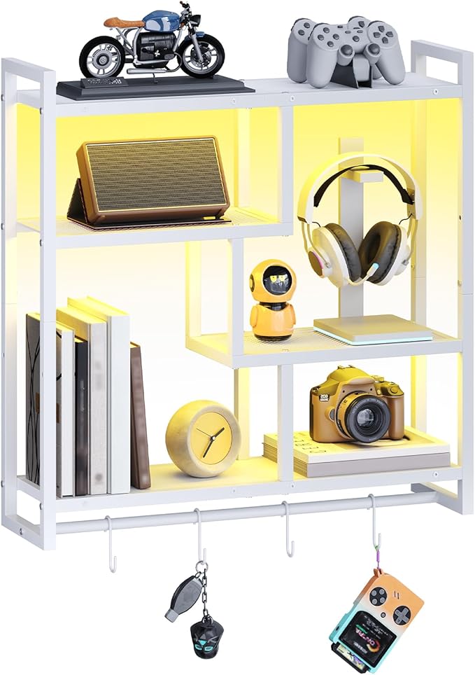 HOOBRO Gaming Floating Shelves with LED Lights, 28.7" LED Wall Mounted Shelf, 4-Tier Floating Wall Shelf for Storage, Display