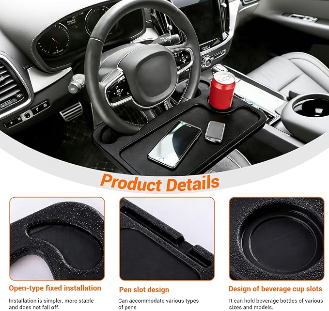 Car Steering Wheel Desk for Laptop and Eating – Multipurpose Rolling Tray Table, Portable Car Accessories for Travel, Work & Food, Universal Steering Wheel Under Table Console (Black)