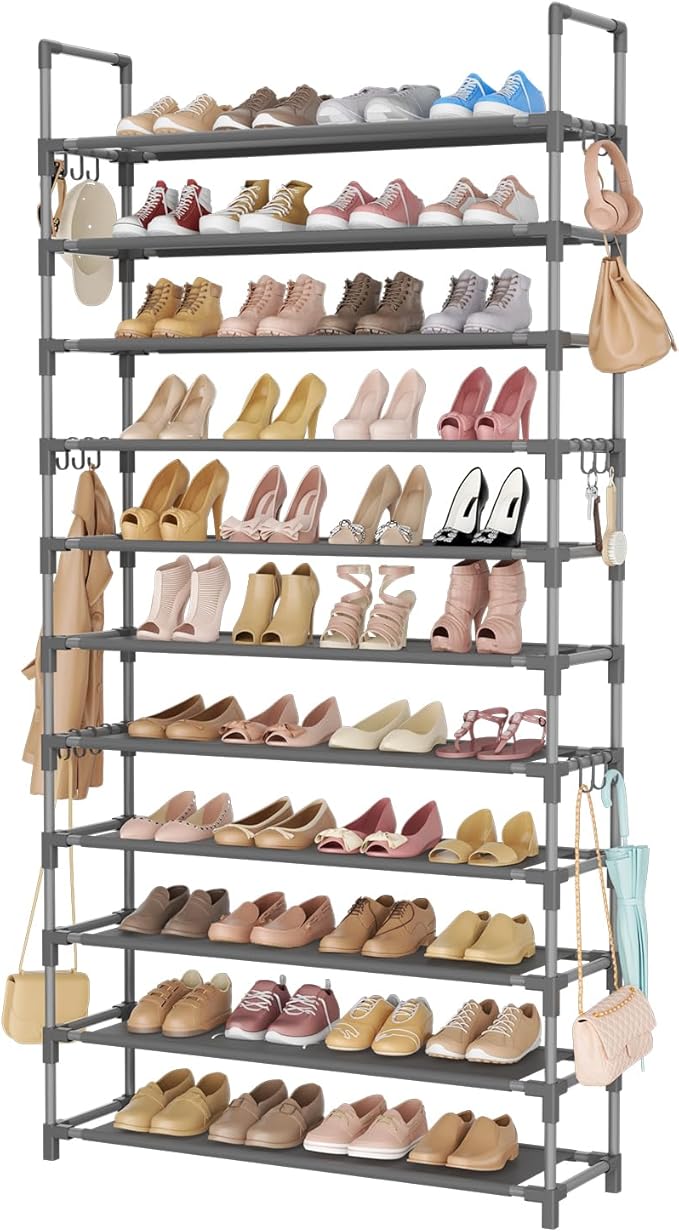 LANTEFUL 11 Tiers Tall Shoe Rack Holds 55 Pairs of Shoes with 18pcs Hooks Sturdy Wide Shoe Organizer Storage Free Standing Me