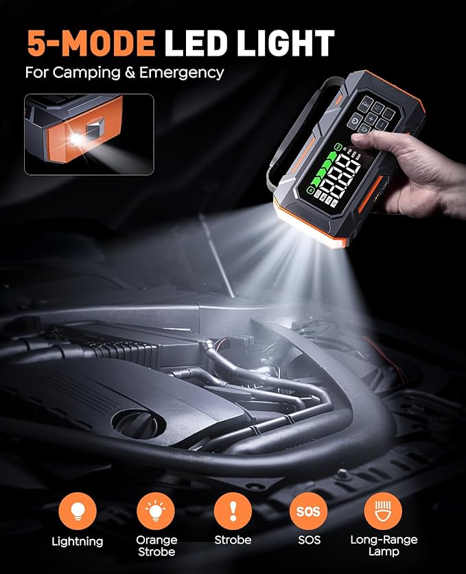 Portable Jump Starter with Air Compressor 8000A 160PSI, 16-in-1 Car Battery Jump Starter with Emergency Kit, Auto-Shutoff