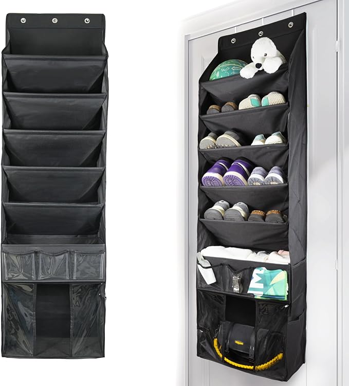 3in1 Over The Door Shoe Organizer with 5 Slanted Compartments,Removable Storage Bin & Transparent Pockets,Thickened Waterproo