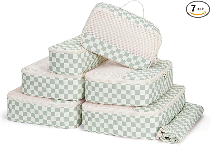 Narwey 7 Set Checkered Packing Cubes for Travel Kids Women, Durable Packing Organizer Bags for Carry on Suitcase Luggage Trav
