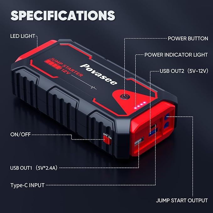 Povasee Jump Starter 5000A Car Jumper Starter, Model A30 12V Jump Box for Car Battery up to 10L Gas or 8L Diesel Engine