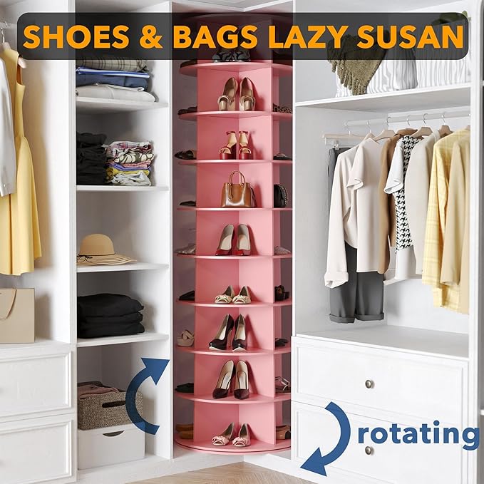 SpaceAid 9 Tier Rotating Shoe Rack Tower, Spinning Shoe Display Lazy Susan, Revolving 360 Shoe Rack Storage Round Carousel, V