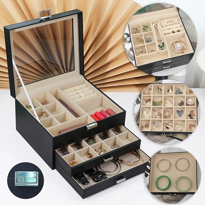 BOOVO Clear Lid Jewelry Box,3 Layers Jewelry Organizer Large Multi-Functional Jewelry Storage Box with 2 Drawers,Jewelry Disp