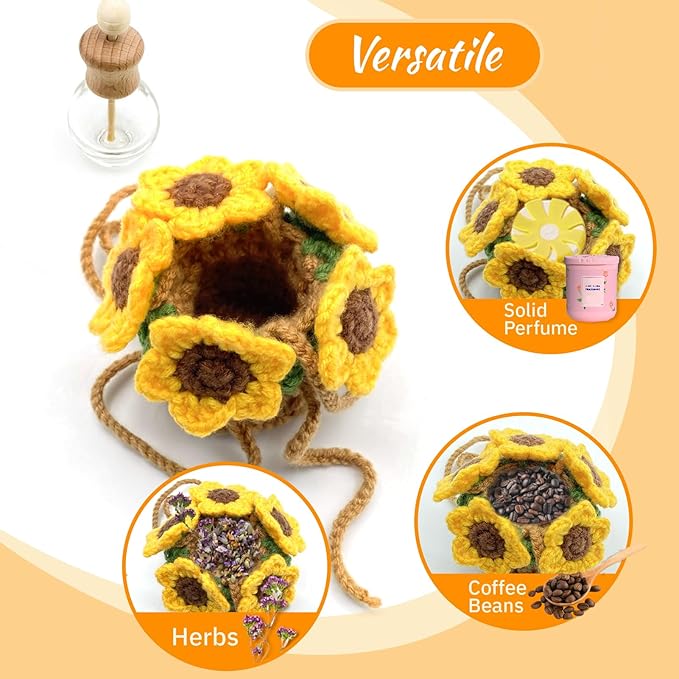 Crochet Car Air Freshener, 15ml Empty Refillable Oil Diffuser Bottle with Hanging Crochet Sunflower for Car Rearview Mirror D