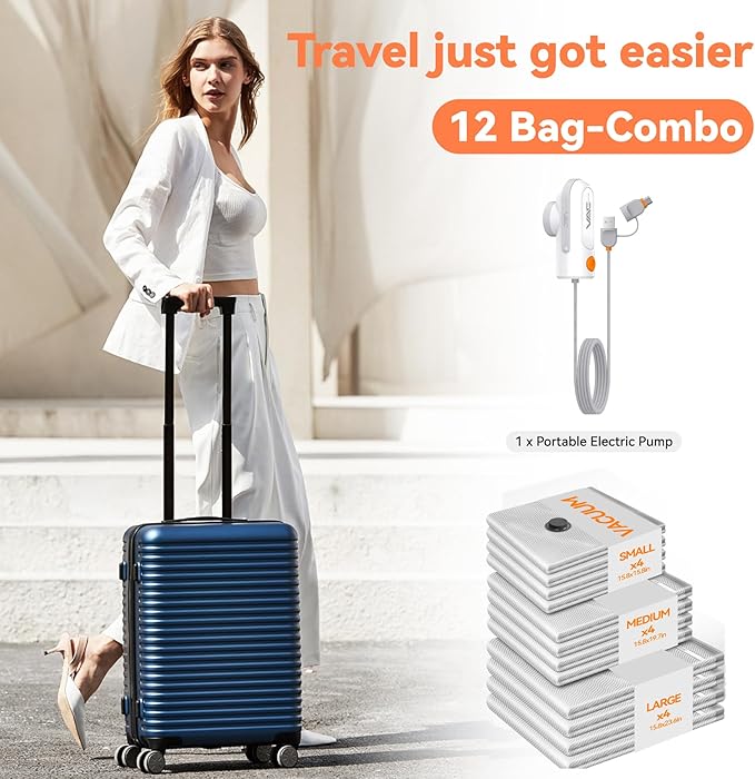 12 Pack Vacuum Bags for Travel with USB & TYPE C Pump,Compression Packing Cubes for Luggage,Carry-on Space Saver Vacuum Seal 