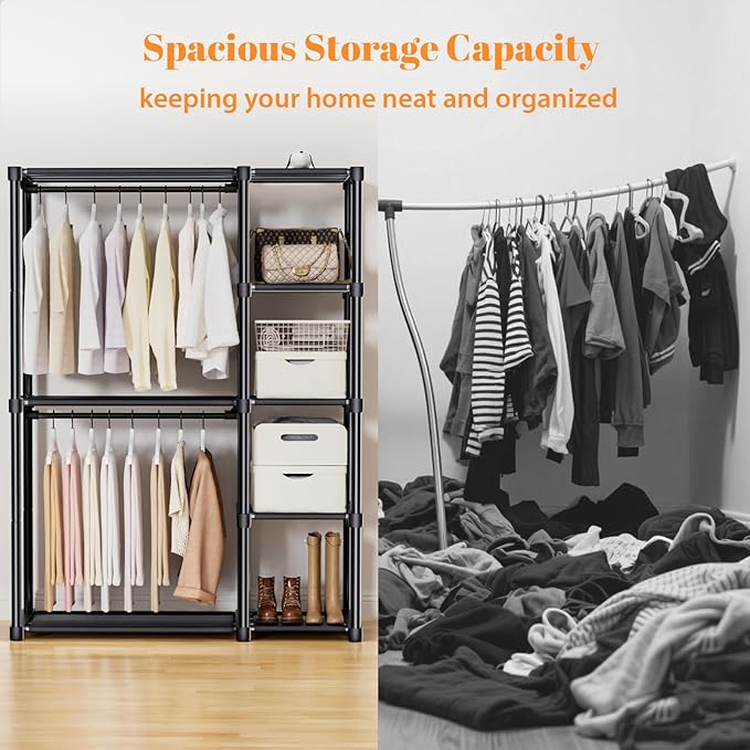 Mavivegue 4-Tier Portable Closet with Shelves & Hanging Rod - Portable Wardrobe Closet for Bedroom, Closet, Dorm - Easy Assem