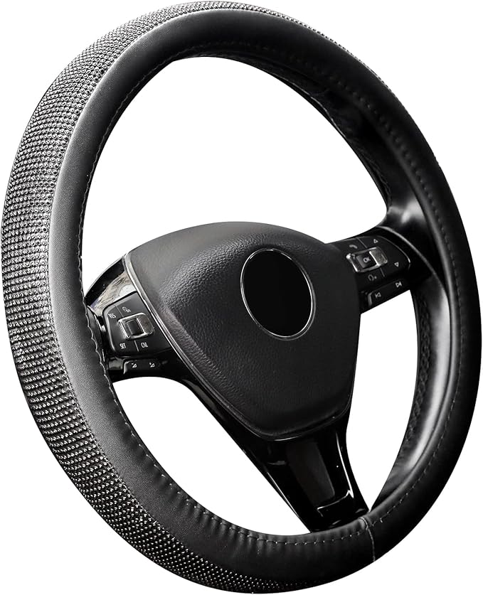 New Diamond Leather Steering Wheel Cover with Bling Bling Crystal Rhinestones, Universal Fit 15 Inch Car Wheel Protector for 